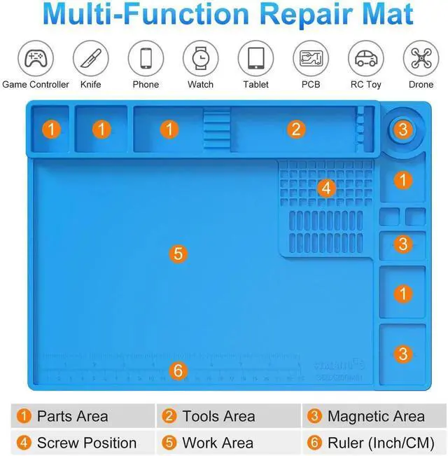 Alt view image 4 of 7 - Heat Resistant Silicone Soldering Work Mat 13.8×9.9 Inch, 932°F High Temp Anti-Slip Magnetic Repair Pad for Phone, Watch, Eyeglass & Electronics Repair