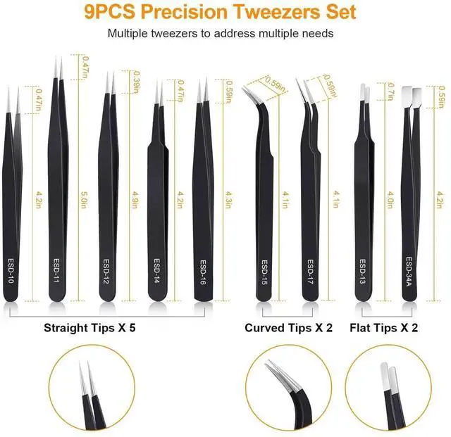 Alt view image 4 of 7 - 9PCS ESD Anti-Static Stainless Steel Precision Tweezers Kit for Soldering, Lab, Jewelry, Model & Craft