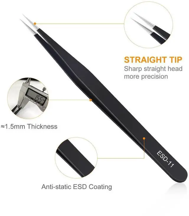 Alt view image 7 of 7 - 9PCS ESD Anti-Static Stainless Steel Precision Tweezers Kit for Soldering, Lab, Jewelry, Model & Craft