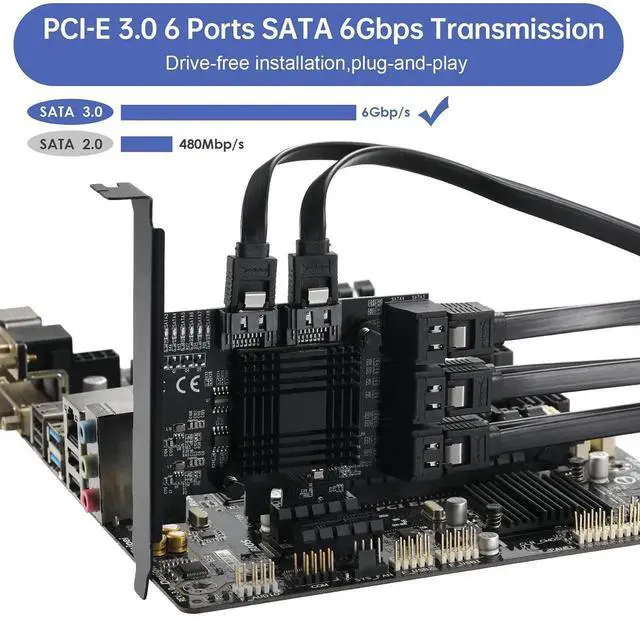 Alt view image 7 of 7 - 8-Port PCIe 1X SATA 3.0 Expansion Card 6Gbps with ASM1064+JMB575 Chips, 8 SATA Cables & Low Profile Bracket