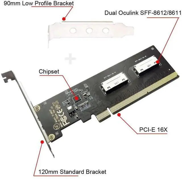 Alt view image 6 of 7 - Dual OCuLink SFF-8611/8612 8i to PCIe 4.0 x16 Expansion Adapter, With 8cm & 12cm Low/Full Profile Brackets