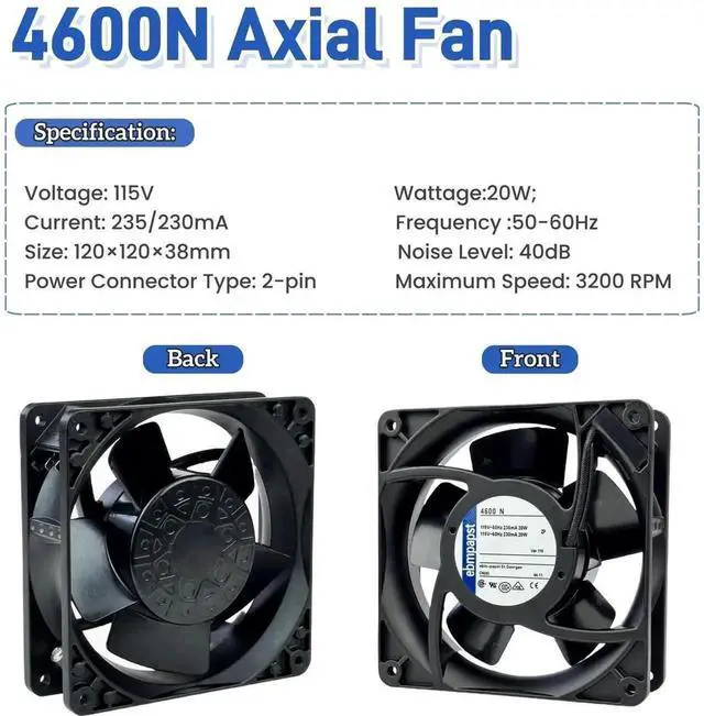 Alt view image 2 of 7 - EbmPapst 4600N 12038 Industrial Axial Cooling Fan 115V AC 20W 2-Pin All-Metal High Temp Resistant Fan, Compatible with ABB, Rittal, Delta, Siemens Industrial Cabinet & Inverter Equipment