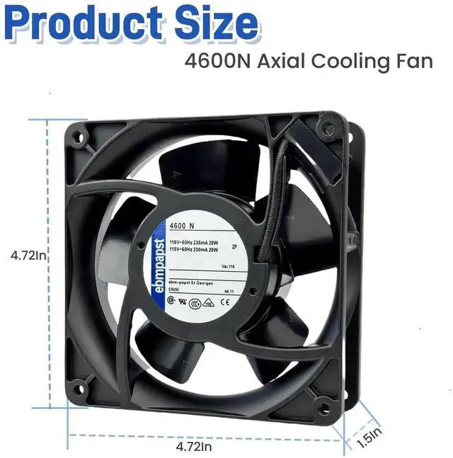 Alt view image 7 of 7 - EbmPapst 4600N 12038 Industrial Axial Cooling Fan 115V AC 20W 2-Pin All-Metal High Temp Resistant Fan, Compatible with ABB, Rittal, Delta, Siemens Industrial Cabinet & Inverter Equipment