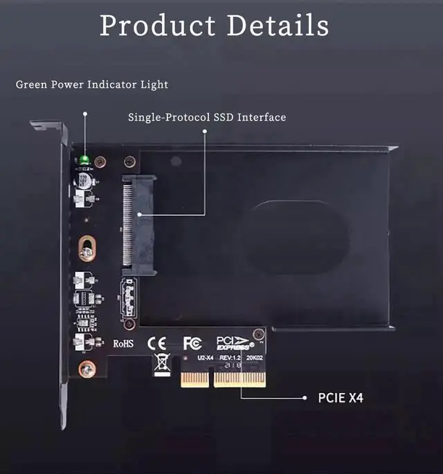Alt view image 6 of 7 - PCIe 3.0 X4 to U.2 NVMe SSD Adapter Card with External Enclosure, 32Gbps High Speed Expansion Card, Fits PCIe X4/X8/X16 Desktop Slots