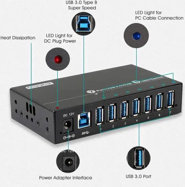 Alt view image 2 of 6 - 7 Port Powered USB 3.0 Hub Splitter, Aluminum Super Speed USB Data Hub with 12V 3A 36W Power Adapter, Mount Bracket & LED Indicator, Black
