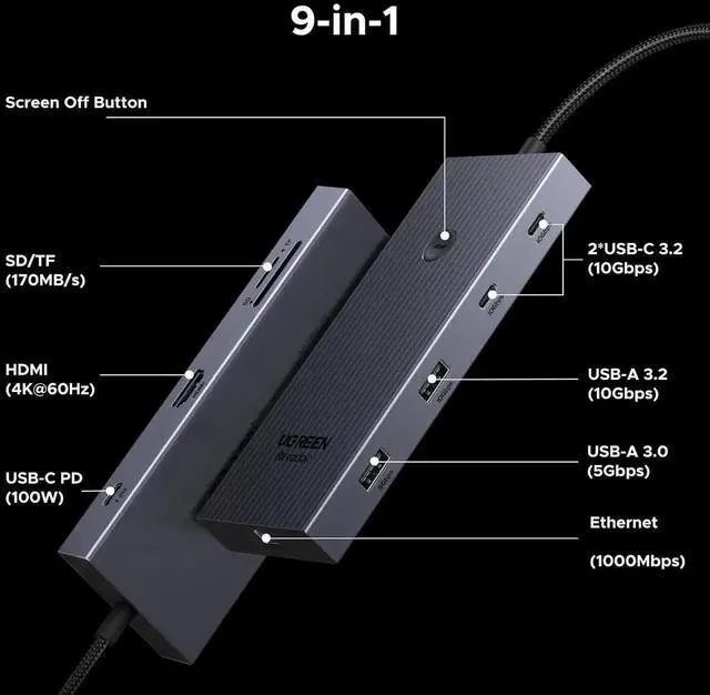 Alt view image 2 of 7 - UGREEN Revodok Pro 9 in 1 USB C Docking Station, Multiport Hub with Gigabit Ethernet, 4K@60Hz HDMI, 100W PD Pass-Through Charging, USB-A Ports, SD & TF Card Reader, Compatible with MacBook M1/M2/M3/M4