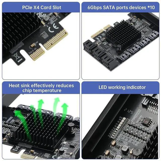 Alt view image 2 of 7 - 10 Port PCIe to SATA 3.0 Expansion Card, PCIe X4 SATA III 6Gbps Controller Card with ASM1166 + JMB575 Dual Chips, Support HDD SSD NAS Mining Storage Expansion