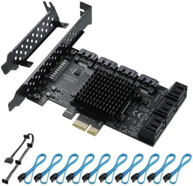 Main image of 10 Port PCIe X1 SATA 3.0 Expansion Card, 6Gbps ASM1166 SATA Controller Card Non-RAID, Comes with Low Profile Bracket & 10 SATA Cables, Support 10 SATA HDD/SSD