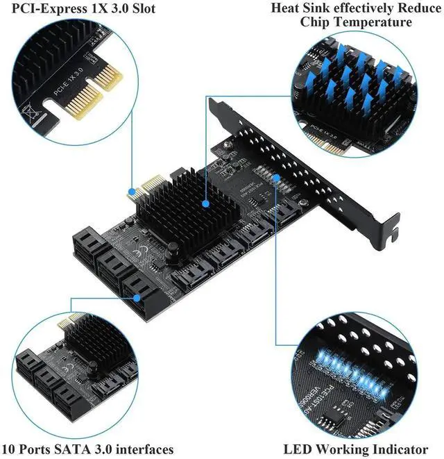Alt view image 5 of 7 - 10 Port PCIe X1 SATA 3.0 Expansion Card, 6Gbps ASM1166 SATA Controller Card Non-RAID, Comes with Low Profile Bracket & 10 SATA Cables, Support 10 SATA HDD/SSD