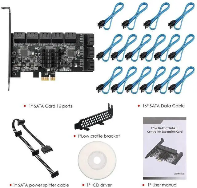 Alt view image 7 of 7 - 16 Port PCIe SATA 3.0 Expansion Controller Card, 6Gbps AHCI SATA Adapter Card Bootable as System Drive, ASM1064 + JMB575 Chipset, Compatible with PCIe X1/X4/X8/X16 Slots, Non-Hardware RAID