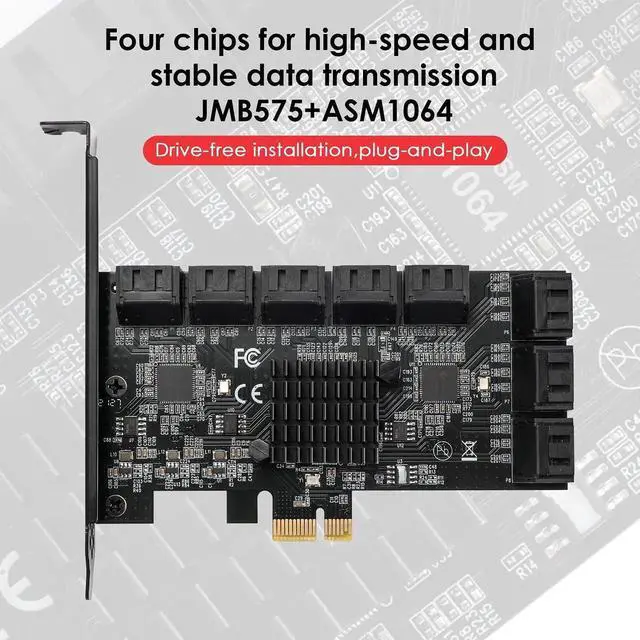 Alt view image 5 of 7 - 16 Port PCIe SATA 3.0 Expansion Controller Card, 6Gbps AHCI SATA Adapter Card Bootable as System Drive, ASM1064 + JMB575 Chipset, Compatible with PCIe X1/X4/X8/X16 Slots, Non-Hardware RAID
