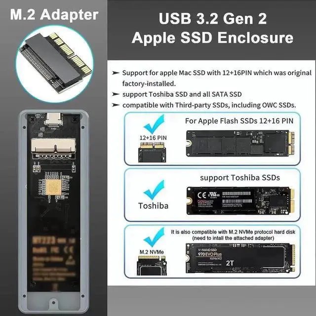 Alt view image 4 of 7 - USB3.2 MacBook SSD Enclosure with M.2 Adapter, Fit 12+16Pin 2013-2017 Apple Original SSD