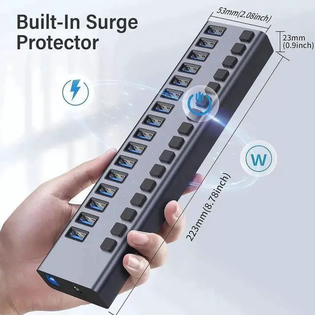Alt view image 7 of 7 - 16-Port Powered USB 3.0 Hub with Individual Switches, 90W 12V7.5A Power Adapter for Laptop & Desktop