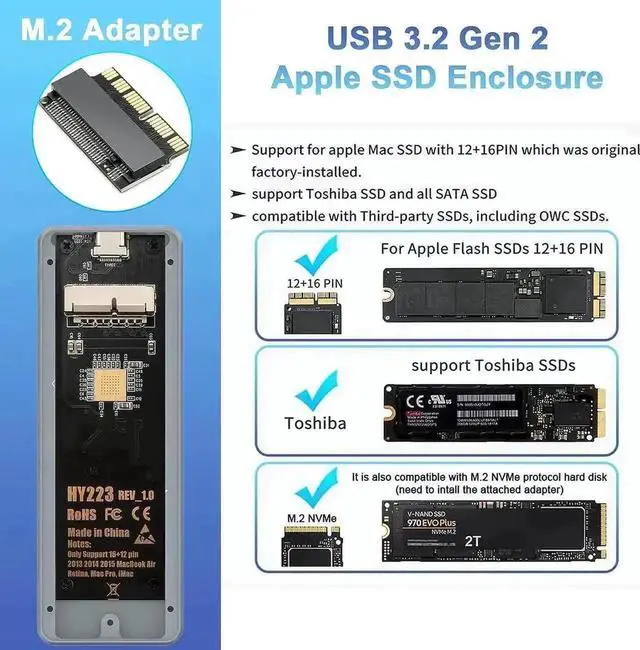 Alt view image 7 of 7 - Aluminum USB-C 3.2 Enclosure for 12+16Pin 2013-2017 Apple MacBook SSD