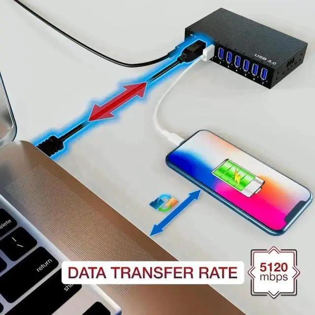Alt view image 5 of 7 - 7-Port Aluminum Powered USB 3.0 Hub, 36W 12V3A Adapter for HDD Laptop Game Console