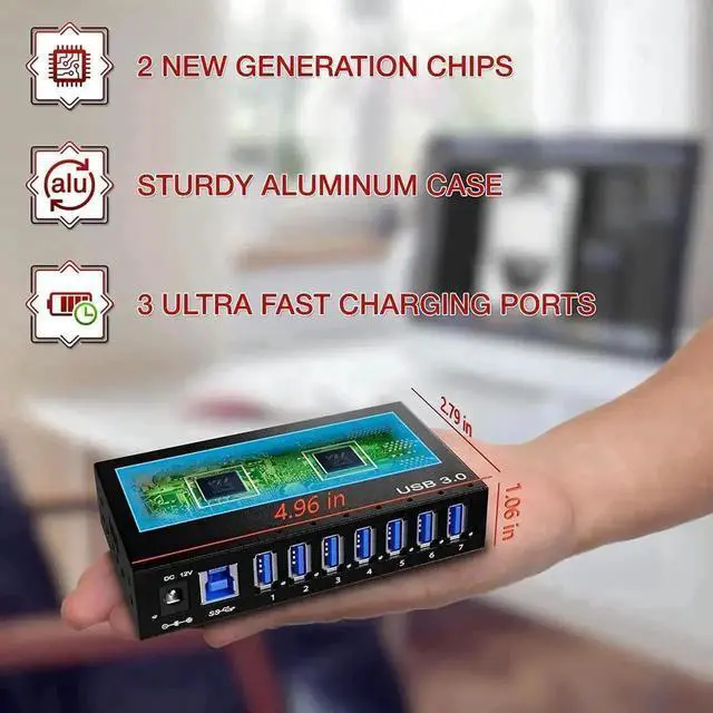 Alt view image 7 of 7 - 7-Port Aluminum Powered USB 3.0 Hub, 36W 12V3A Adapter for HDD Laptop Game Console