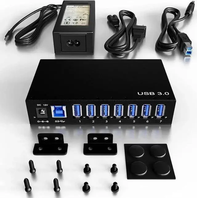 Alt view image 2 of 7 - 7-Port Aluminum Powered USB 3.0 Hub, 36W 12V3A Adapter for HDD Laptop Game Console