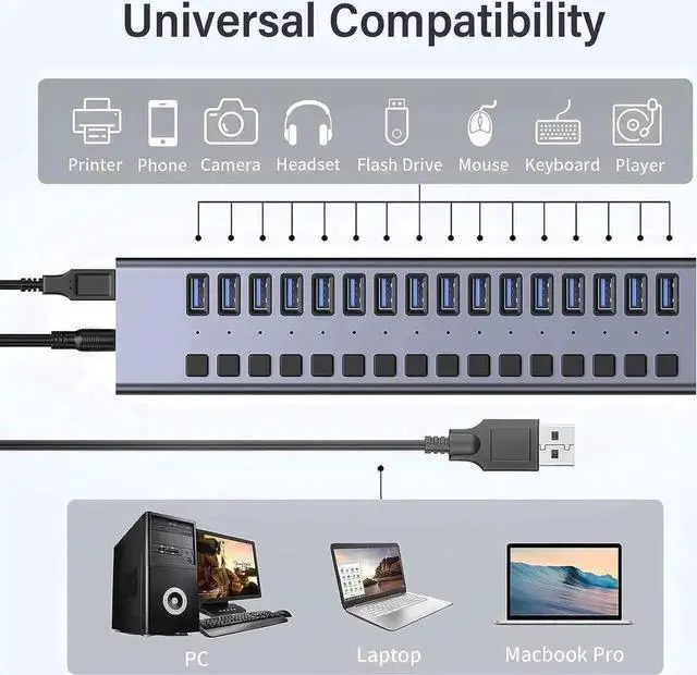 Alt view image 4 of 7 - 16-Port Powered USB 3.0 Hub with Independent Switches, 90W 12V7.5A Power Supply for Mac & Windows PC