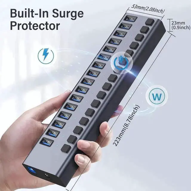 Alt view image 6 of 7 - 16-Port Powered USB 3.0 Hub with Independent Switches, 90W 12V7.5A Power Supply for Mac & Windows PC