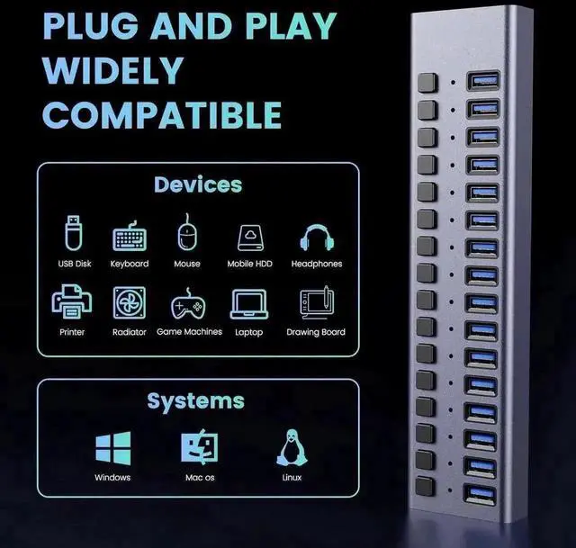 Alt view image 3 of 7 - 16-Port Powered USB 3.0 Hub with Individual LED Switches, Data & Charging Hub for Mac & PC