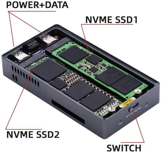 Alt view image 6 of 7 - Dual M.2 M-Key NVMe RAID Enclosure with Cooling Fan, USB-C 20Gbps Support RAID0/RAID1/JOBD/BIG