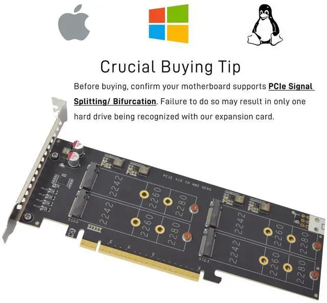 Alt view image 4 of 7 - 4 Slots PCIe 5.0 x16 M.2 NVMe Expansion Card, M-Key Interface, Compatible with 2242/2260/2280 SSD