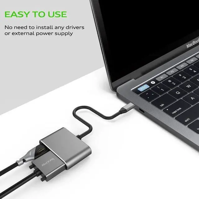 Alt view image 7 of 7 - 2-in-1 USB C Thunderbolt 3 Adapter, 4K HDMI + 1080P VGA Output for MacBook Air, iPad Pro, XPS, Matebook, Galaxy, Huawei, HTC