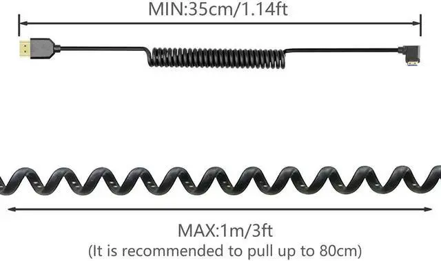 Alt view image 4 of 6 - Left-Angled Coiled Mini HDMI to HDMI 2.1 Cable, 48Gbps 8K Telescopic Male to Male High Speed Cord