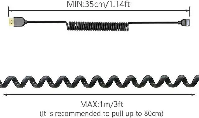 Alt view image 3 of 6 - Up-Angled Coiled Mini HDMI to HDMI 2.1 Cable, 48Gbps 8K Telescopic Male to Male High Speed Cord