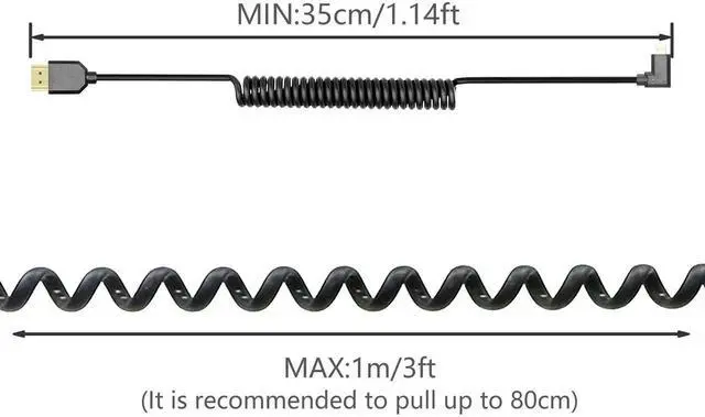Alt view image 3 of 7 - Left Angle Coiled Micro HDMI to HDMI 2.1 Cable, 8K 48Gbps Telescopic Cord 4K 120Hz HDR for Sony Canon Nikon Fujifilm GoPro Cameras