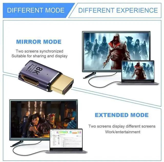 Alt view image 3 of 7 - Horizontal Right 90 Degree Flat HDMI 2.1 Extension Adapter, HDMI Male to Female Connector Supports 8K@60Hz UHD HDTV