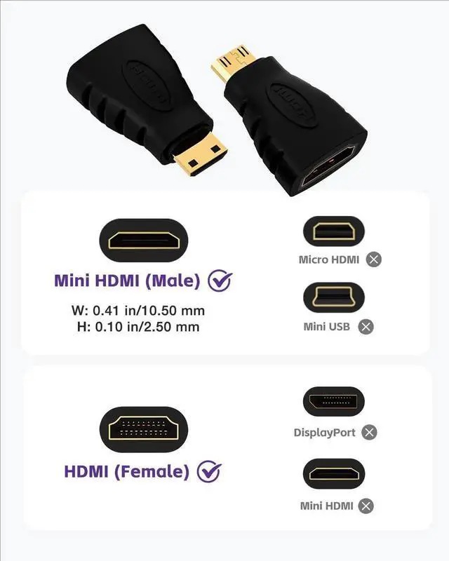 Alt view image 6 of 7 - 2-Pack Mini HDMI to HDMI Adapter, Gold-Plated Connectors Supports 4K Video, Compatible with Raspberry Pi, DSLR Cameras, Camcorders, Tablets & Graphics Cards