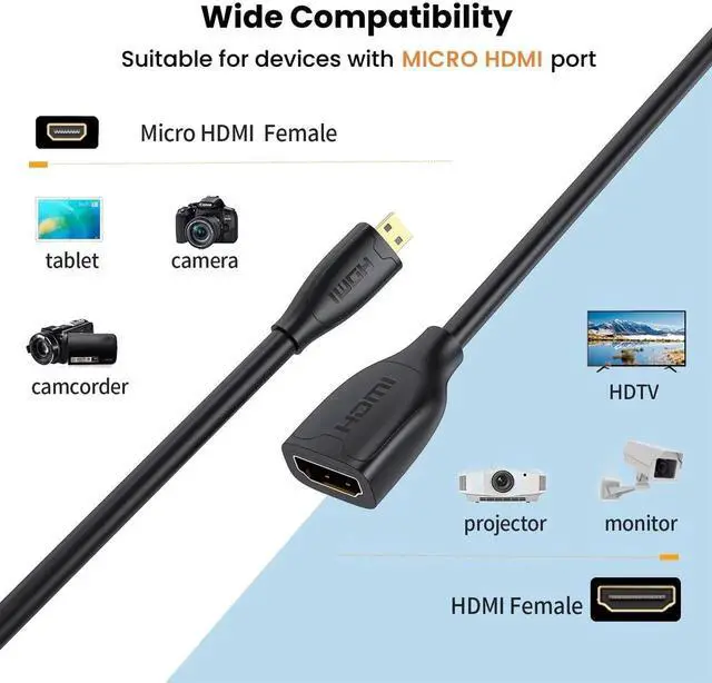 Alt view image 6 of 7 - 0.5ft Micro HDMI Male to Female Extension Cable, Supports 4K@60Hz, 3D & Ethernet, Compatible with Raspberry Pi 4, GoPro Hero & Action Cameras