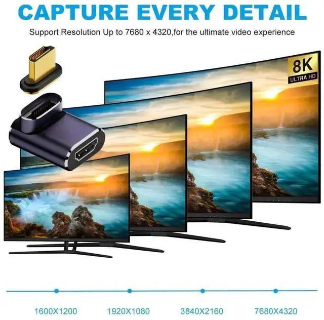 Alt view image 6 of 6 - 90° Up Angled Magnetic HDMI 2.1 Male to Female Adapter, 48Gbps 8K@60Hz 4K@120Hz Gold-Plated Extender