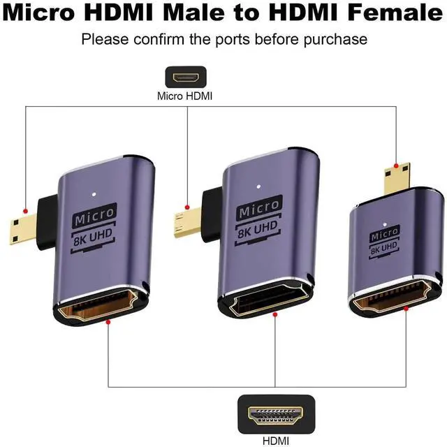 Alt view image 4 of 5 - 3 Pack 90° Left & Right Angled Micro HDMI to HDMI 8K Adapter, Micro HDMI Male to HDMI Female Converter