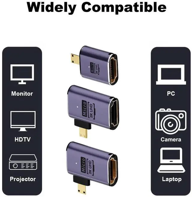 Alt view image 5 of 5 - 3 Pack 90° Left & Right Angled Micro HDMI to HDMI 8K Adapter, Micro HDMI Male to HDMI Female Converter