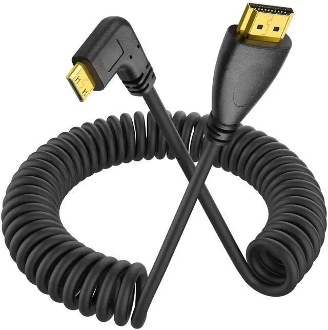 Main image of Left Angle 90 Degree Coiled Mini HDMI to HDMI Cable, Stretchable Mini HDMI Male to Standard HDMI Male Cord for DSLR, Camcorder, Camera, Portable Field Monitor