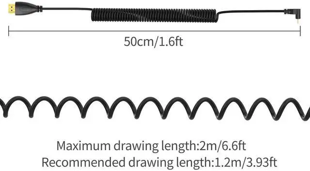 Alt view image 6 of 6 - Right Angle 90° Coiled Mini HDMI to HDMI Cable, Stretchable Mini HDMI Male to Standard HDMI Male Cord for DSLRs, Camcorders, Cameras, Portable Screens & Field Monitors
