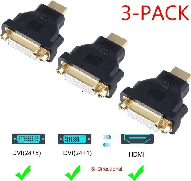 Main image of 3-Pack Bi-Directional HDMI Male to DVI Female Adapter, Supports 1080P & 3D, HDMI DVI Converter Compatible with Apple TV, HDTV, Xbox 360, PS4, PS3, Nintendo Switch, Plasma TV, DVD Player