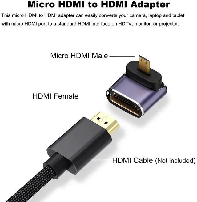 Alt view image 5 of 6 - 2-Pack Up & Down 90 Degree Micro HDMI to HDMI 2.1 Adapter, 8K Right Angle Micro HDMI Converter Connector Compatible with Sony A6000, Raspberry Pi 4, GoPro Hero 7 & Sports Cameras