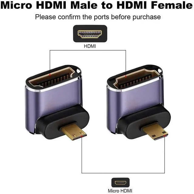 Alt view image 2 of 6 - 2-Pack Up & Down 90 Degree Micro HDMI to HDMI 2.1 Adapter, 8K Right Angle Micro HDMI Converter Connector Compatible with Sony A6000, Raspberry Pi 4, GoPro Hero 7 & Sports Cameras