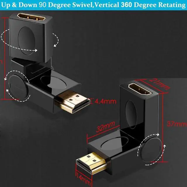 Alt view image 4 of 7 - 2-Pack Rotatable Right Angle HDMI 2.0 Adapter, Male to Female 360° Adjustable Connector, Gold-Plated, Support 4K 3D