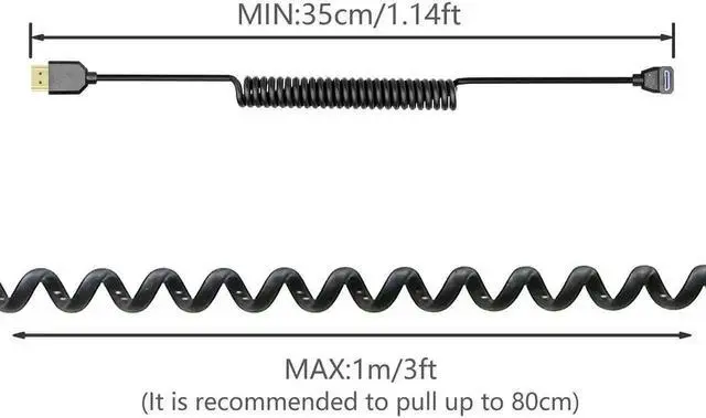 Alt view image 4 of 6 - Up Angle Coiled Mini HDMI to HDMI 2.1 Telescopic Cable, 48Gbps 8K High Speed Cord