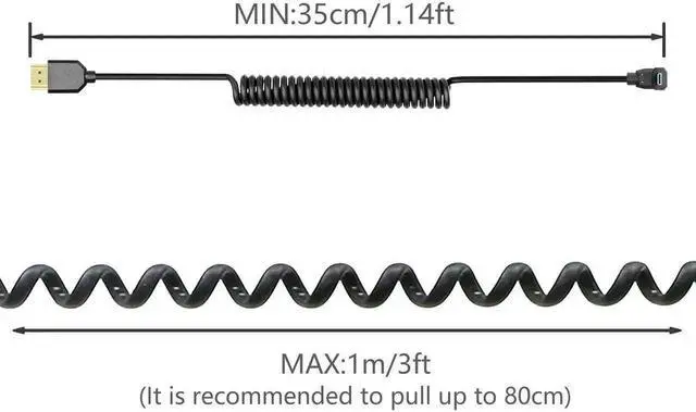 Alt view image 2 of 7 - Down Angled Coiled Micro HDMI to HDMI 2.1 Cable, 48Gbps Telescopic Cord Supports 8K 120Hz Dynamic HDR for Digital Cameras
