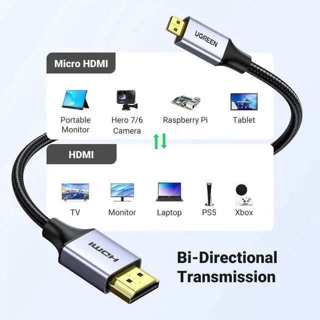 Alt view image 3 of 7 - UGREEN 3.3FT Micro HDMI to HDMI Braided Cable with Aluminum Shell, 18Gbps High Speed Cord Supports 4K@60Hz HDR 3D ARC for GoPro Hero 5/6/7, Raspberry Pi 5, Camera, Nikon, Yoga 3 Pro, Portable Monitor