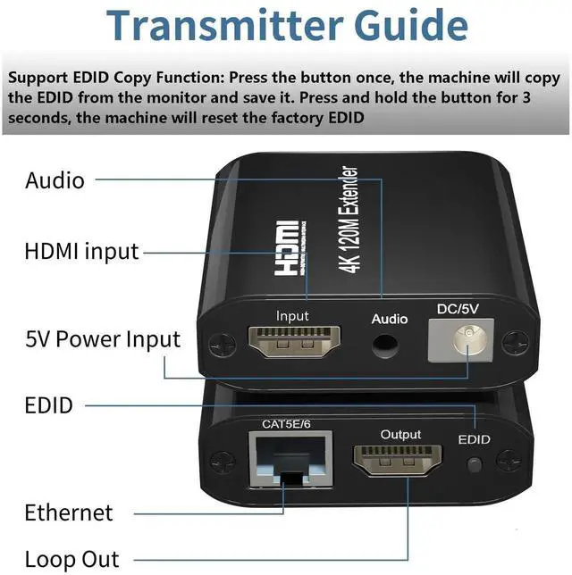 Alt view image 4 of 7 - 120M HDMI Extender Over Single Cat5e/Cat6, 4K@60Hz TX RX Kit with Audio Out & Loop Out, HDCP 1.2 EDID
