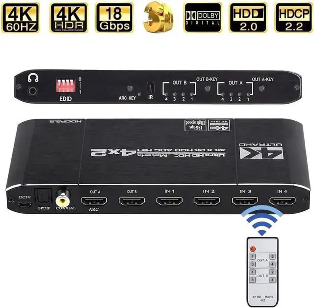 Main image of 4x2 HDMI Matrix Switch Splitter, HDMI 2.0 4K@60Hz HDCP 2.2 HDR ARC Audio Extractor, 4 Input 2 Output HDMI Matrix for HDTV PS4