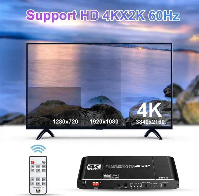 Alt view image 7 of 7 - 4x2 HDMI Matrix Switch Splitter, HDMI 2.0 4K@60Hz HDCP 2.2 HDR ARC Audio Extractor, 4 Input 2 Output HDMI Matrix for HDTV PS4