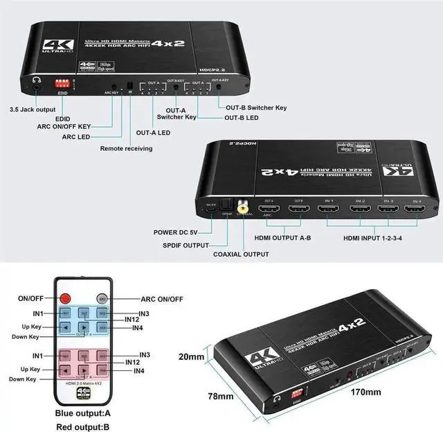 Alt view image 3 of 7 - 4x2 HDMI Matrix Switch Splitter, HDMI 2.0 4K@60Hz HDCP 2.2 HDR ARC Audio Extractor, 4 Input 2 Output HDMI Matrix for HDTV PS4