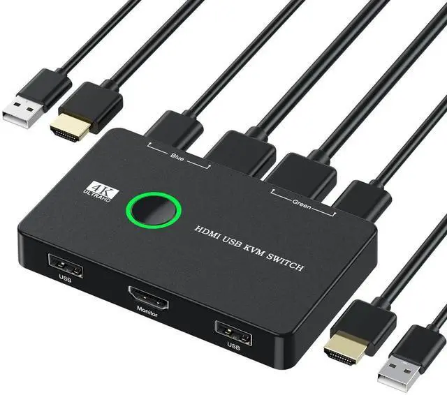 Main image of 2 Port HDMI KVM Switch 4K@60Hz, 2 PCs Share One HD Monitor, Keyboard, Mouse & Printer, Equipped with 2 HDMI Cables and 2 USB Cables